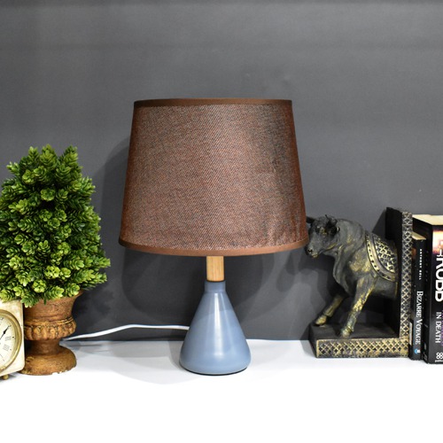 Brown Fabric Shade With Wooden Oval Shape Table Lamp For Desktop, Home Decor