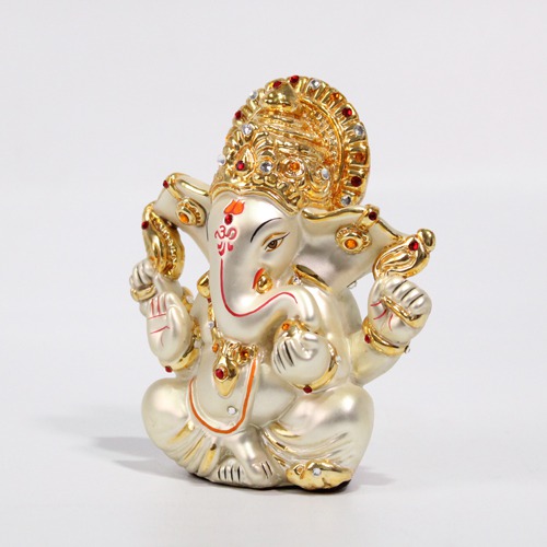 White and Gold Car Dashboard Ganesha Idol