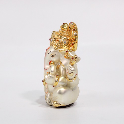 White and Gold Car Dashboard Ganesha Idol