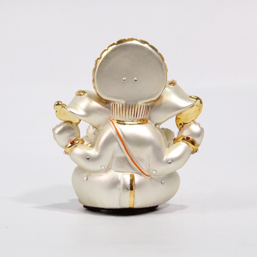 White and Gold Car Dashboard Ganesha Idol