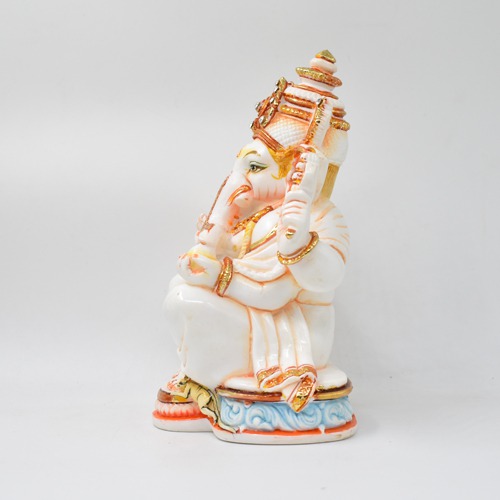 Marble Dust White Gold Ganesha Idol For Home Decor and Pooja Ghar