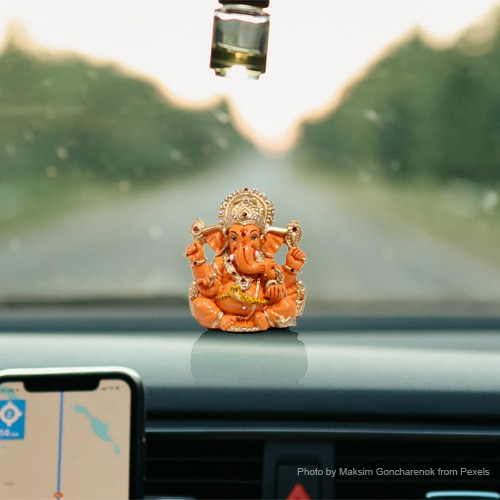 Orange Color Mukut Ganesh Idol For Car  Dashboard and Home ,Office