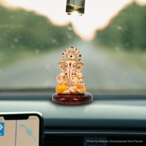 Small Wooden Base Ganesh Idol For Car Dashboard