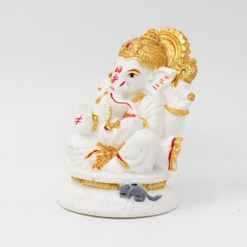 White And Gold Dashboard Ganesha Statue For Car Dashboard