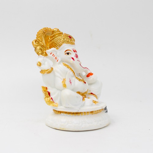 White And Gold Dashboard Ganesha Statue For Car Dashboard