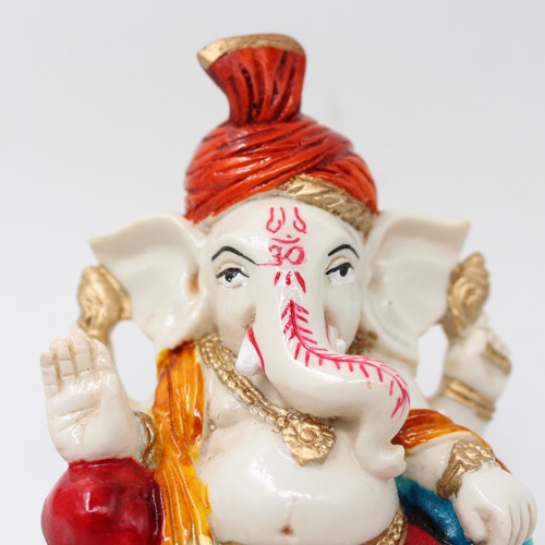 Orange Feta Lord  Ganesh Sitting on Aasan Idol For Home Decor