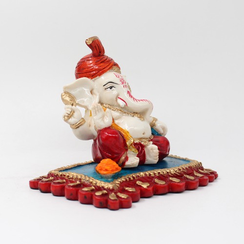 Orange Feta Lord  Ganesh Sitting on Aasan Idol For Home Decor