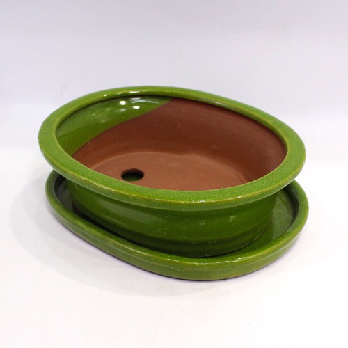 Ceramic Oval Shape Planter Pot With Saucer | Ceramic Brown Planter Pot with Pot Base(Plate) for Table and Home Decor