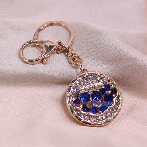 Blue Stone Studded Rose Gold Metal Keychain | Premium Stainless Steel Keychain With Diamond For Gifting With Key Ring Anti-Rust