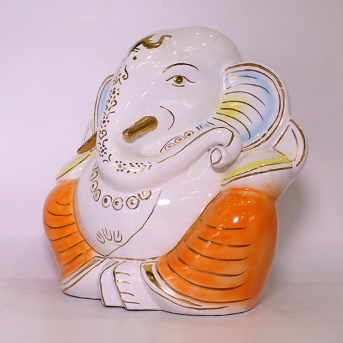 Ceramic White Orange Taklu Lord  Ganesha Idol For Home & Office Dcor