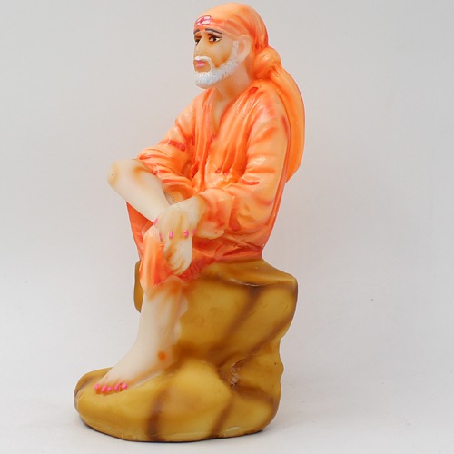 Sai Baba Sitting On Stone Statue Fiber Statue, Orange Sai baba, Medium Size 6 Inch