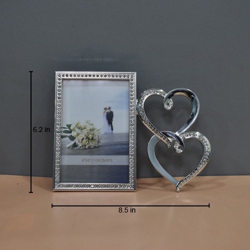 Silver 2 Heart Romantic Heart Table Top  Photo Frame( Photo Size : 6 x 4 inches)