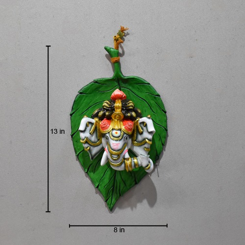 Decorative Ganesha Face On Green Leaf Wall Hanging