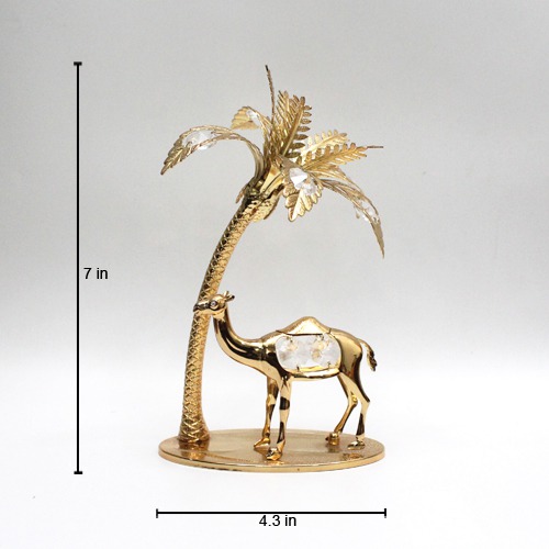 Palm Tree Figurine With Camel Gold Plated Metal Crystal Art