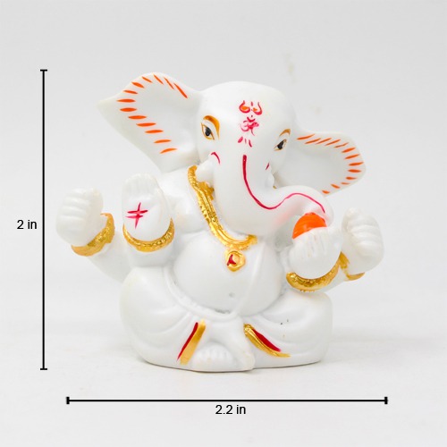 White Taklu Ganesha Statue For Car Dashboard, Pooja Ghar, Etc