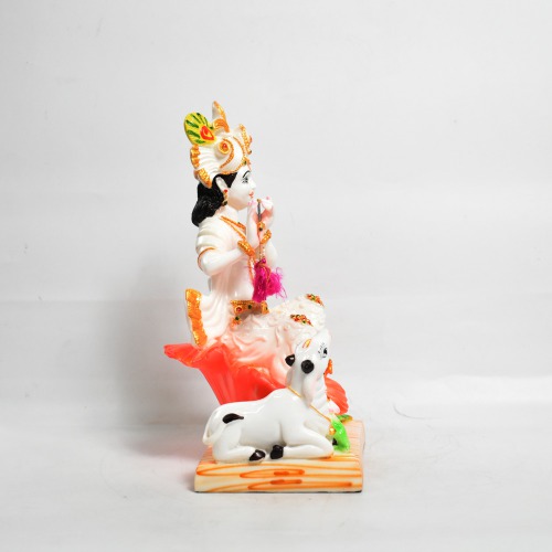 Krishna Sitting On Hibiscus With Cow Statue | Multi colour-Idol for Temple Decor |Decor Your Home