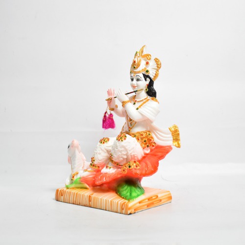 Krishna Sitting On Hibiscus With Cow Statue | Multi colour-Idol for Temple Decor |Decor Your Home