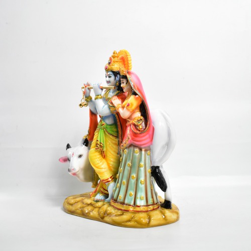 Multi colour Radha Krishna Murti With Cow Murti | Kanha Figurine For Home Temple |Decor Your Home