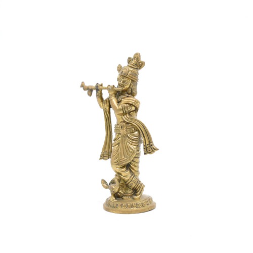 Brass Krishna Flute Playing Murti With Peacock Statue | Murti For Temple Home Decor Entrance Statue Wedding Gift