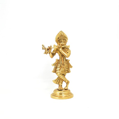 Brass Krishna Bhagwan Murti Idol in Flute Playing Posture on Beautiful Pedestal Home Decor Entrance Statue