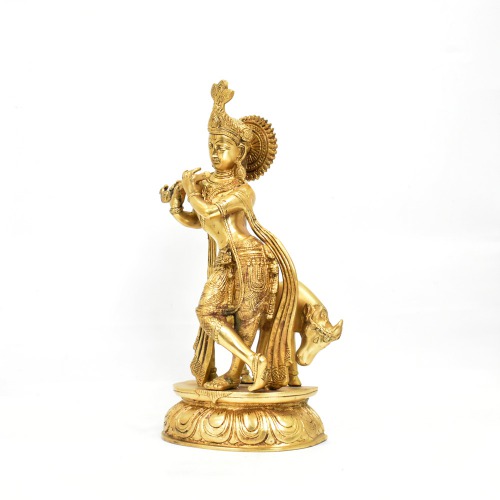 Big Brass Krishna With Cow Statue | Krishna Brass Metal Statue Idol For Home Temple | Office Table