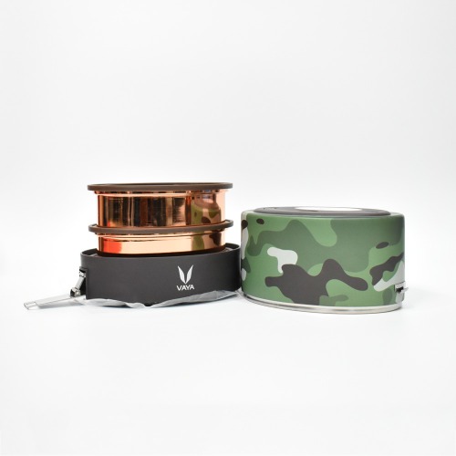 Vaya Tiffin Polished Stainless Steel Lunch Box Without Bagmat, 600 ml, 2 Containers, Camo,