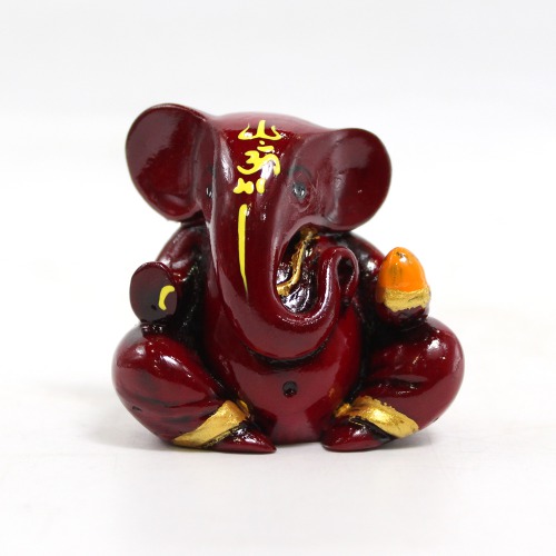 Mini Lord Ganesh Statue Fiber Idol Hindu God of Success For Car | Vehicle Dashboard - Small Red | Orange | Brown