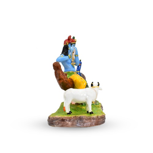 Fiber Krishna Sitting On Tree Trunk With Cow And Peacock Playing Flute | Home Decor | Showpiece