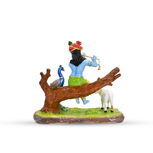 Fiber Krishna Sitting On Tree Trunk With Cow And Peacock Playing Flute | Home Decor | Showpiece