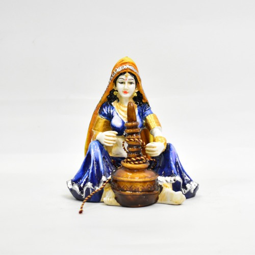 Blue Rajasthani Lady Using Makhan Handi Showpiece