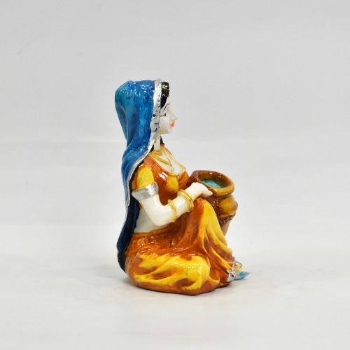 Yellow Rajasthani Lady With Matka Showpiece For Home Decor