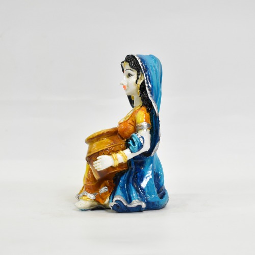 Yellow Rajasthani Lady With Matka Showpiece For Home Decor