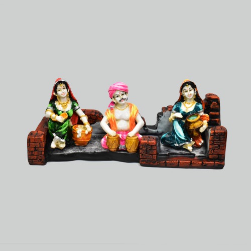 Polyresine Set of 3 Rajasthani Men With Table And Women With Makta Statue | Showpiece For Home Decor