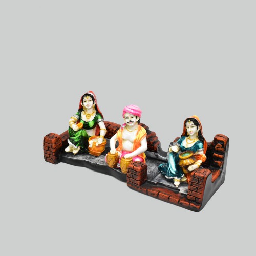 Polyresine Set of 3 Rajasthani Men With Table And Women With Makta Statue | Showpiece For Home Decor