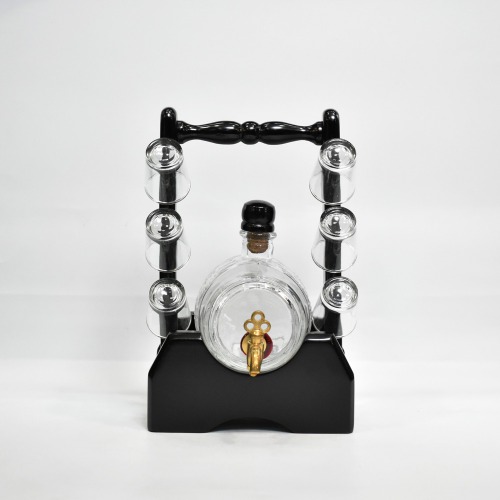 Vintage Wooden and Glass Bar Set of Barrel Decanter and 6 Shot Glasses with Stand and Rotating Tray