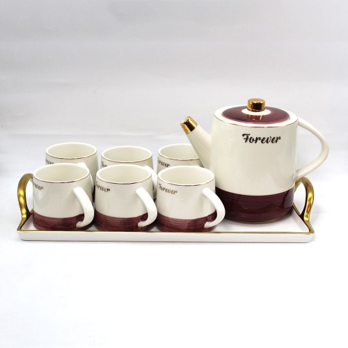 Forever Tea Set With Kettle And Tray | Microwave and Dishwasher Safe Finest Ceramic Tea | Coffee Cup Set And Kettle And Tray