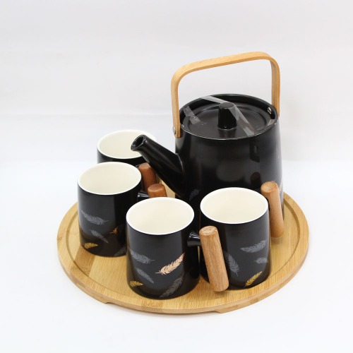 Wooden Based Black Colour Tea And Kettle Set | Finest Ceramic Tea | Coffee Cup Set And Kettle And Tray