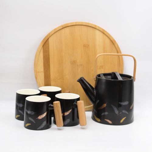 Wooden Based Black Colour Tea And Kettle Set | Finest Ceramic Tea | Coffee Cup Set And Kettle And Tray