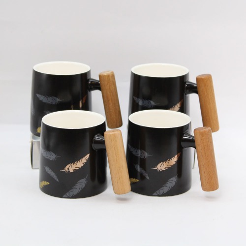 Wooden Based Black Colour Tea And Kettle Set | Finest Ceramic Tea | Coffee Cup Set And Kettle And Tray