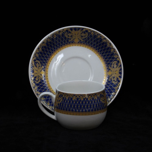 White Ceramic Printed Blue And Gray Design Tea Cup And Saucer 6 Piece Set For Tea | Green Tea Or Coffee