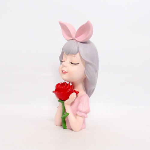 Pink Little Girl With Red Rose Showpiece | Statue Figurines for Home Decor Outdoor Entrance Living Room Decoration