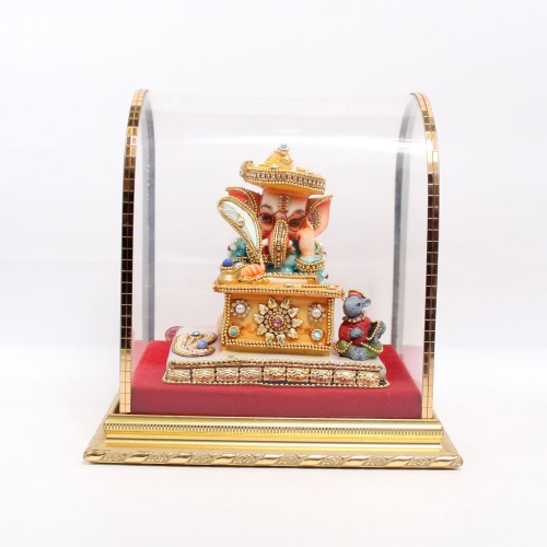 Multicolor Stone Work Polyresin Munim Lord Ganesha Idol For Home & Office Decor