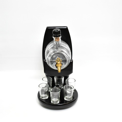 Set of Glass Barrel Decanter, 400 ml and 6 Shot Glasses, 30 ml Each with Wooden Stand and Rotating