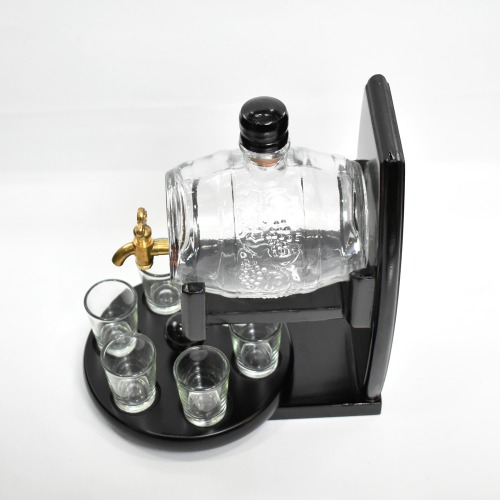 Set of Glass Barrel Decanter, 400 ml and 6 Shot Glasses, 30 ml Each with Wooden Stand and Rotating