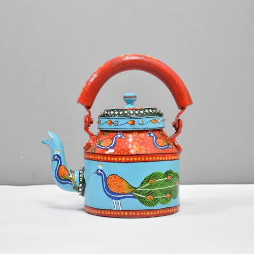 Traditional Hand-Painted Peacock Design Colourful Decorative Tea Kettle Pot Showpiece For Home Decoration