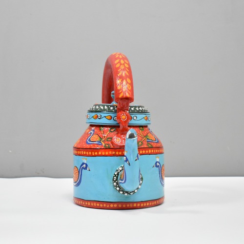 Traditional Hand-Painted Peacock Design Colourful Decorative Tea Kettle Pot Showpiece For Home Decoration