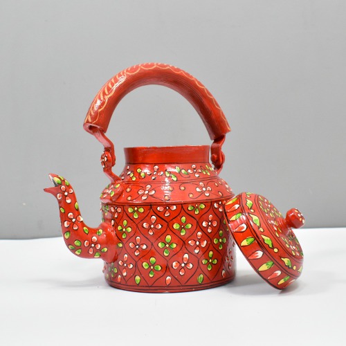 Traditional Hand-Painted Design Red Flower Colourful Decorative Tea Kettle Pot Showpiece For Home Decoration