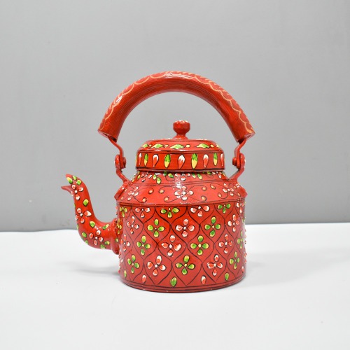 Traditional Hand-Painted Design Red Flower Colourful Decorative Tea Kettle Pot Showpiece For Home Decoration