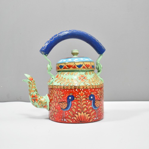 Traditional Hand-Painted Design Red And Green Colourful Decorative Tea Kettle Pot Showpiece For Home Decoration