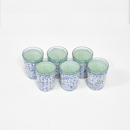 White And Blue Design Glass with Handle and Handicraft Serving Tray Set | Wooden White Meenakari Tray